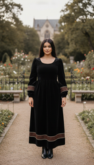 Velvet Winter Dress with Frache Trim & Waist Tie – Elegant and Warm | فرساتشى