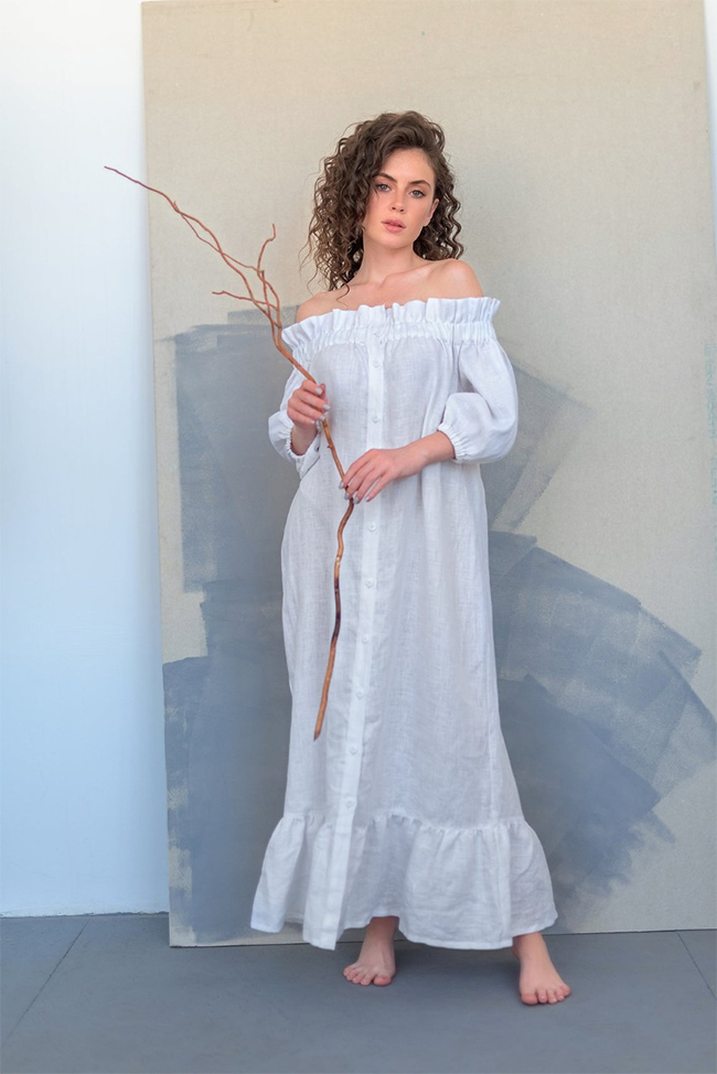 Off-Shoulder Linen Dress |Timeless Black & White Elegance JORYKO Off-Shoulder Linen Dress |Timeless Black & White Elegance JORYKO
