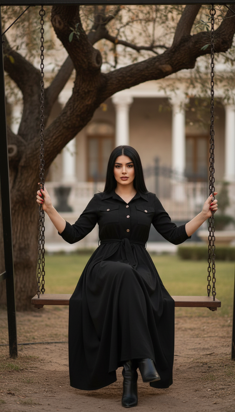 🌿 "Linen Dress – Long Sleeve with Buttons & Belt | Army Green & Black 🌿| زيتى بحزام