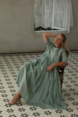 Oversized Cotton Dress with Zigzag Chest Design and Three-Quarter Sleeves — Available in Black and Pistachio 🍃⚫| زجزاج