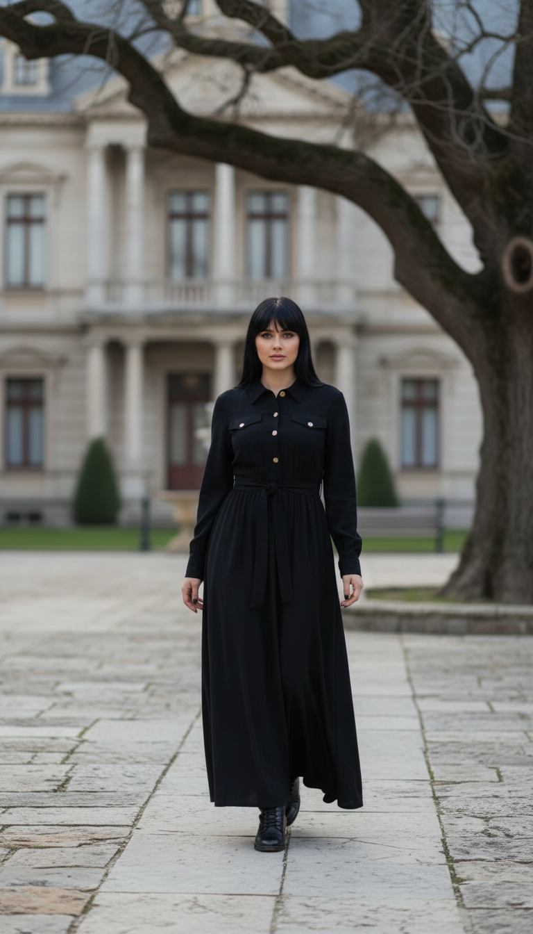 🌿 "Elegant Linen Dress – Long Sleeve with Buttons & Belt | Army Green & Black 🌿| زيتى بحزام