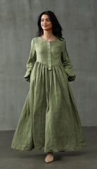 Long Black Linen Dress with Side Pockets | كرفته