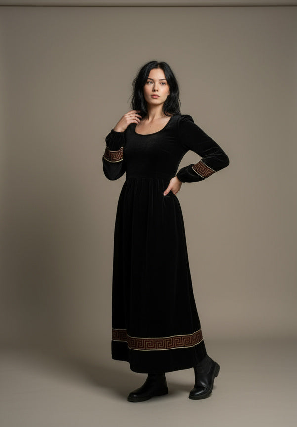 Velvet Winter Dress with Frache Trim & Waist Tie – Elegant and Warm | فرساتشى