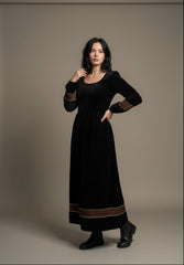 Velvet Winter Dress with Frache Trim & Waist Tie – Elegant and Warm | فرساتشى