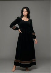 Velvet Winter Dress with Frache Trim & Waist Tie – Elegant and Warm | فرساتشى