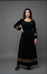 Velvet Winter Dress with Frache Trim & Waist Tie – Elegant and Warm | فرساتشى