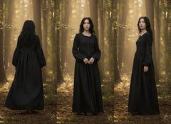 Long Black Linen Dress with Side Pockets | كرفته