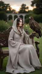 Mythical Treated-Linen Dress with Wide Sleeves & Large Hood | ملكى