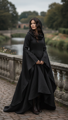 Mythical Treated-Linen Dress with Wide Sleeves & Large Hood | ملكى