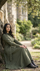 🌿 "Linen Dress – Long Sleeve with Buttons & Belt | Army Green & Black 🌿| زيتى بحزام