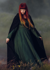 🌿 Elegant Green Linen Dress with Victorian Cape | Timeless Medieval Design| ميدفيل