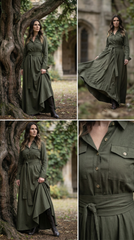 🌿 "Linen Dress – Long Sleeve with Buttons & Belt | Army Green & Black 🌿| زيتى بحزام