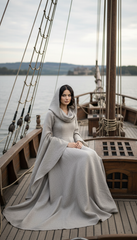 Mythical Treated-Linen Dress with Wide Sleeves & Large Hood | ملكى