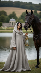 Mythical Treated-Linen Dress with Wide Sleeves & Large Hood | ملكى
