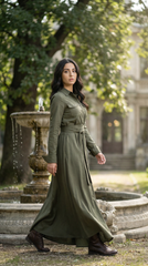 🌿 "Linen Dress – Long Sleeve with Buttons & Belt | Army Green & Black 🌿| زيتى بحزام