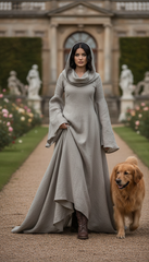 Mythical Treated-Linen Dress with Wide Sleeves & Large Hood | ملكى