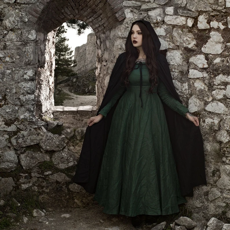 Elegant Green Linen Dress with Victorian Cape | Timeless Medieval De JORYKO Elegant Green Linen Dress with Victorian Cape | Timeless Medieval De JORYKO