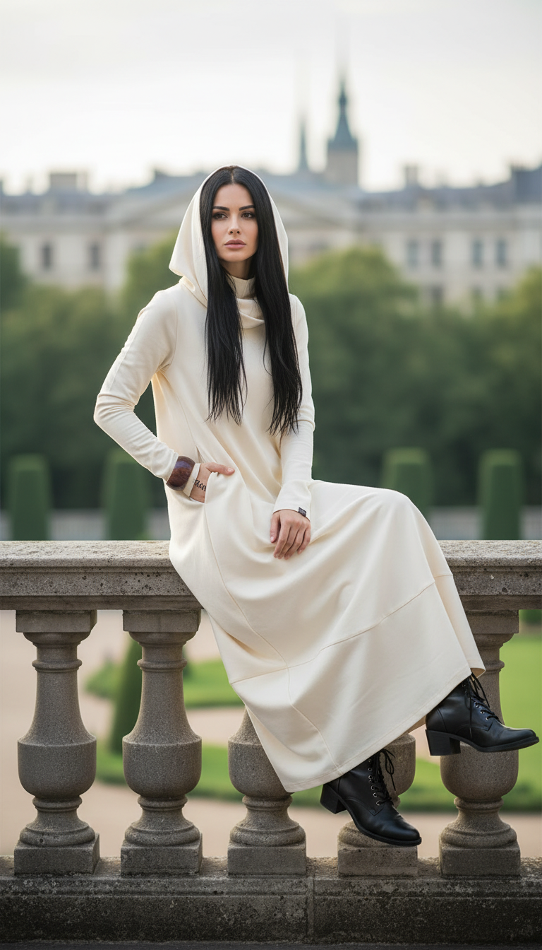 COTTON Hooded Dress with Side Pockets and Thumbhole — اوفوايت سمر