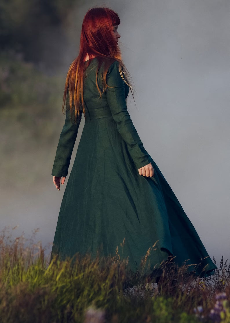Elegant Green Linen Dress with Victorian Cape | Timeless Medieval De JORYKO Elegant Green Linen Dress with Victorian Cape | Timeless Medieval De JORYKO