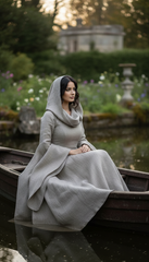 Mythical Treated-Linen Dress with Wide Sleeves & Large Hood | ملكى