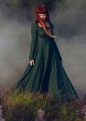 🌿 Elegant Green Linen Dress with Victorian Cape | Timeless Medieval Design| ميدفيل
