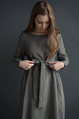 🌿 "Effortless Linen Maxi Dress – Gray & Black with Belt & Pockets | Comfort Meets Style!" 🌿| شيبه السيمبل
