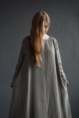 🌿 "Effortless Linen Maxi Dress – Gray & Black with Belt & Pockets | Comfort Meets Style!" 🌿| شيبه السيمبل