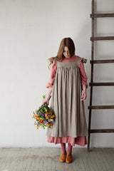 Black Prairie Dress, Linen Dress with Flutter Sleeves, Oversized Apron, Linen Dress with Wings, Linen Dress for Women, Victorian Style| مريله