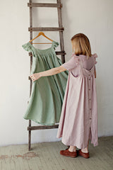 Black Prairie Dress, Linen Dress with Flutter Sleeves, Oversized Apron, Linen Dress with Wings, Linen Dress for Women, Victorian Style| مريله
