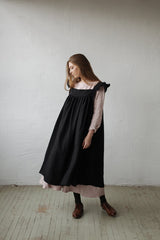 Black Prairie Dress, Linen Dress with Flutter Sleeves, Oversized Apron, Linen Dress with Wings, Linen Dress for Women, Victorian Style| مريله