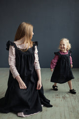 Black Prairie Dress, Linen Dress with Flutter Sleeves, Oversized Apron, Linen Dress with Wings, Linen Dress for Women, Victorian Style| مريله