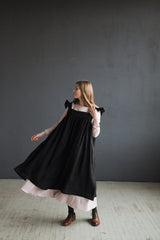Black Prairie Dress, Linen Dress with Flutter Sleeves, Oversized Apron, Linen Dress with Wings, Linen Dress for Women, Victorian Style| مريله