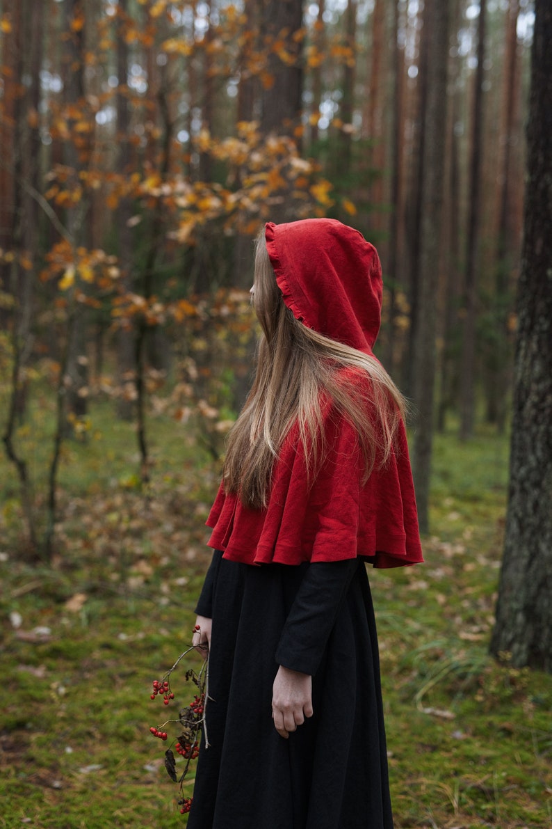 Little Red Riding Hood Cape, Hooded Linen Cape for Women, Black Hooded Cloak, Little Red Riding Hood Costume, Halloween Costume, Black Cloak| كلوك قصير