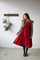 Black Prairie Dress, Linen Dress with Flutter Sleeves, Oversized Apron, Linen Dress with Wings, Linen Dress for Women, Victorian Style| مريله