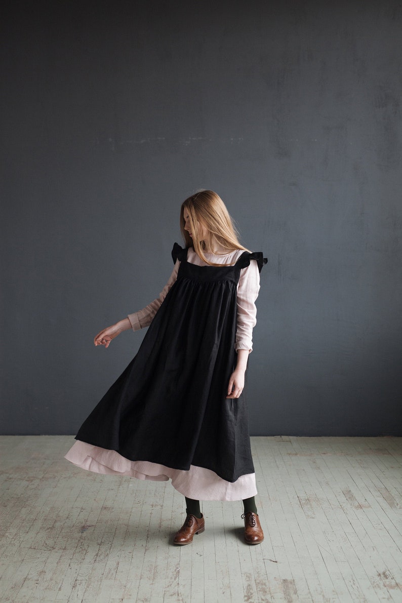 Black Prairie Dress, Linen Dress with Flutter Sleeves, Oversized Apron, Linen Dress with Wings, Linen Dress for Women, Victorian Style| مريله