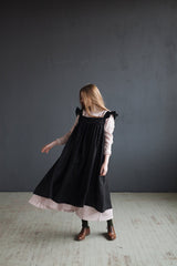 Black Prairie Dress, Linen Dress with Flutter Sleeves, Oversized Apron, Linen Dress with Wings, Linen Dress for Women, Victorian Style| مريله
