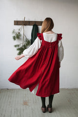 Black Prairie Dress, Linen Dress with Flutter Sleeves, Oversized Apron, Linen Dress with Wings, Linen Dress for Women, Victorian Style| مريله