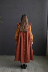 Black Prairie Dress, Linen Dress with Flutter Sleeves, Oversized Apron, Linen Dress with Wings, Linen Dress for Women, Victorian Style| مريله