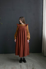 Black Prairie Dress, Linen Dress with Flutter Sleeves, Oversized Apron, Linen Dress with Wings, Linen Dress for Women, Victorian Style| مريله