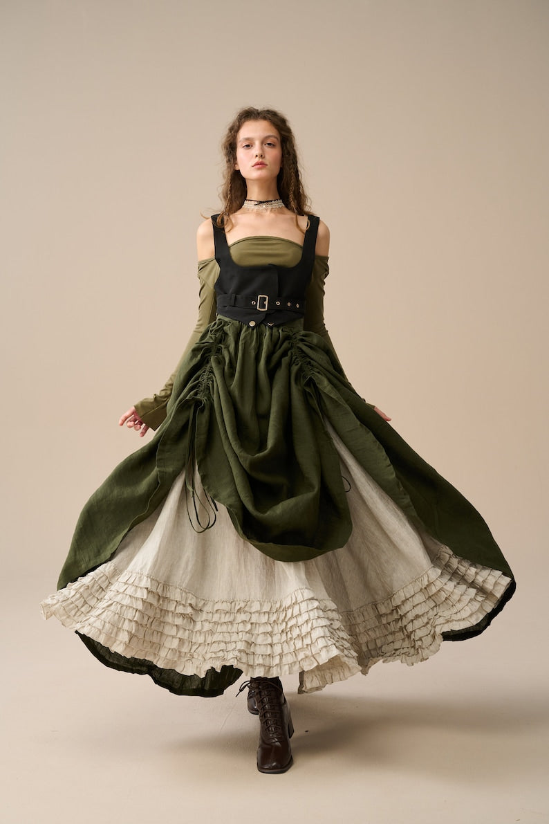 Two-Piece Skirt Set – Forest Green & Beige Linen Blend