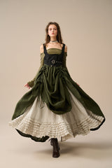 Two-Piece Skirt Set – Forest Green & Beige Linen Blend