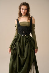 Two-Piece Skirt Set – Forest Green & Beige Linen Blend