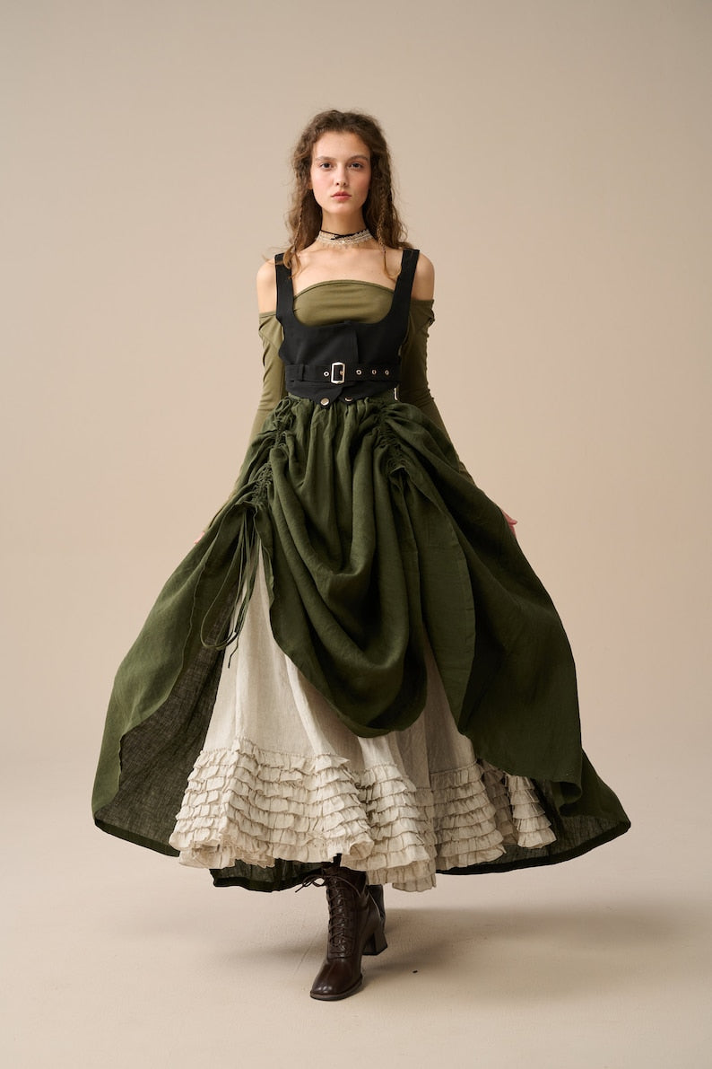 Two-Piece Skirt Set – Forest Green & Beige Linen Blend