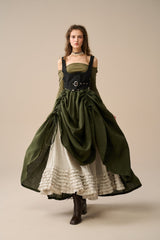 Two-Piece Skirt Set – Forest Green & Beige Linen Blend