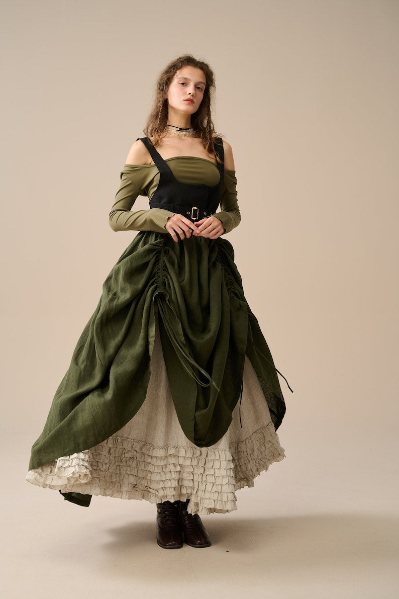 Two-Piece Skirt Set – Forest Green & Beige Linen Blend