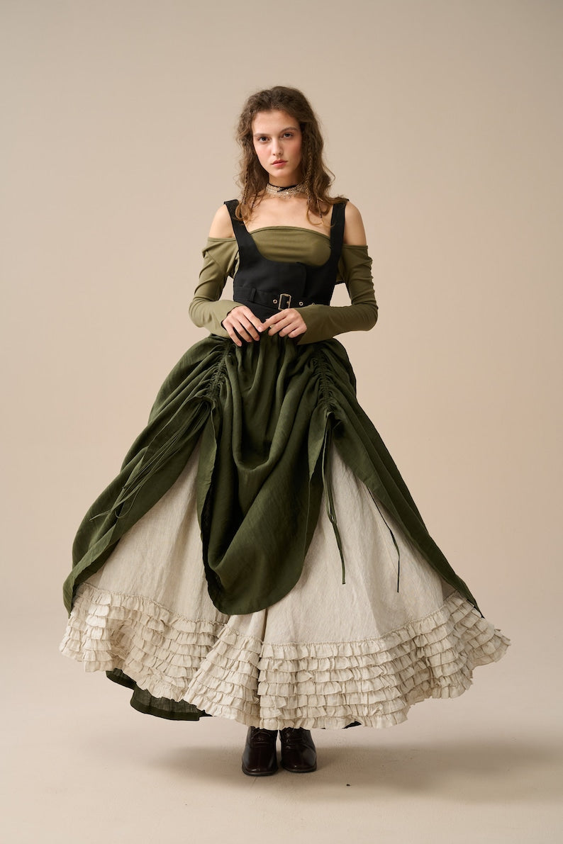 Two-Piece Skirt Set – Forest Green & Beige Linen Blend