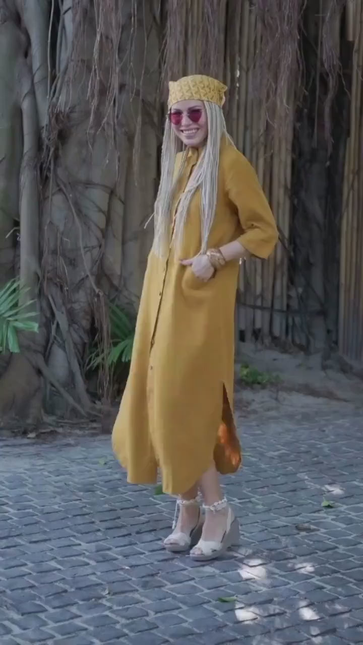 Linen dress with wooden buttons and front pockets — Available in Blue and Mustard 🎨📏|  77