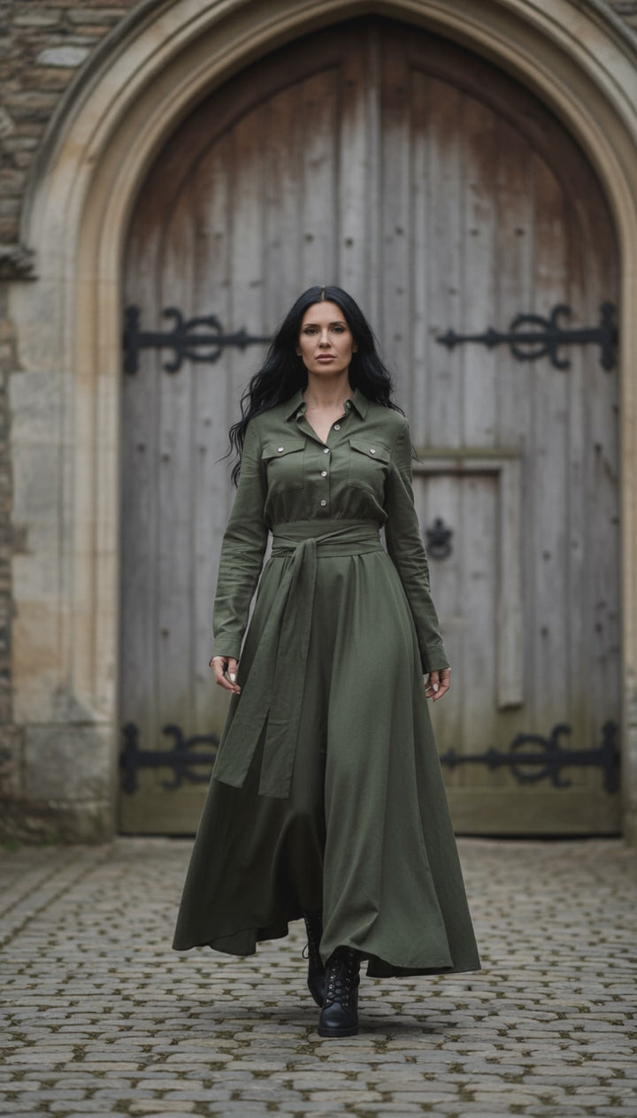 🌿 "Linen Dress – Long Sleeve with Buttons & Belt | Army Green & Black 🌿| زيتى بحزام