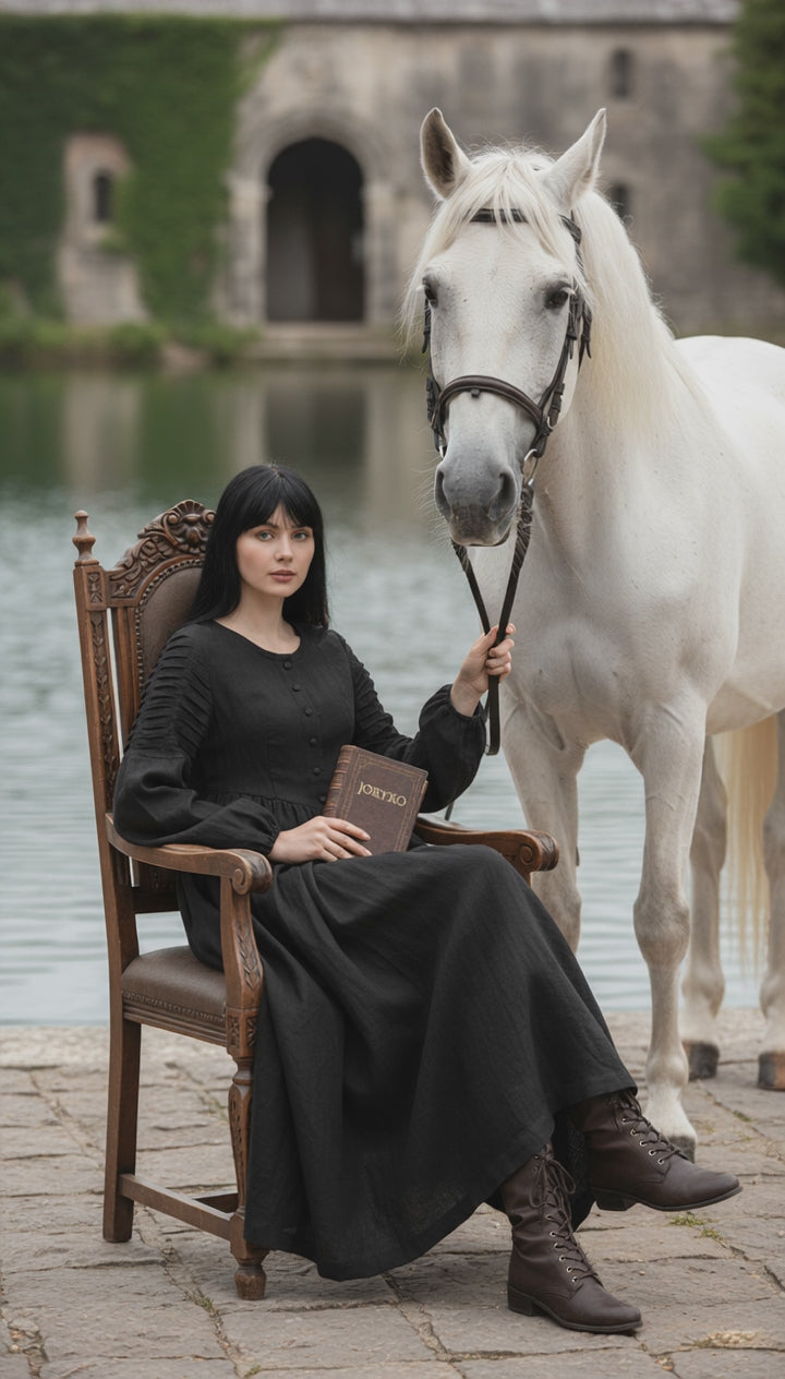 Long Black Linen Dress with Side Pockets | كرفته