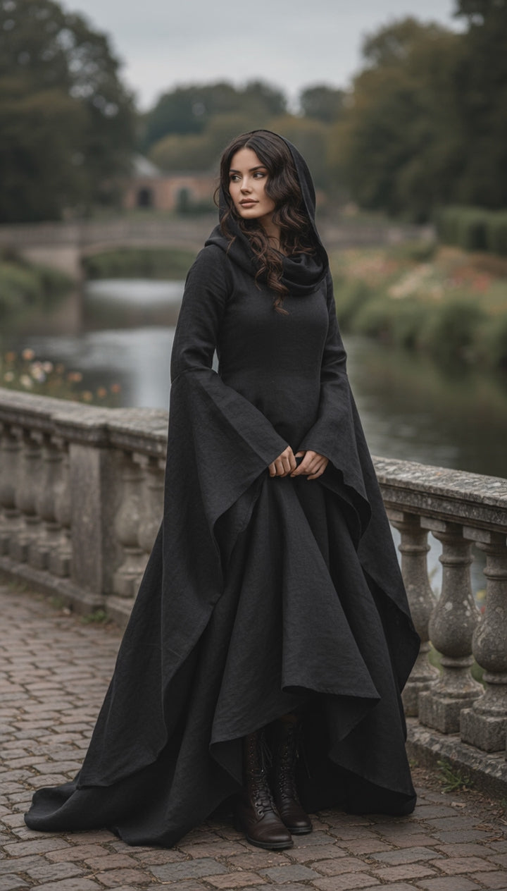 Mythical Treated-Linen Dress with Wide Sleeves & Large Hood | ملكى